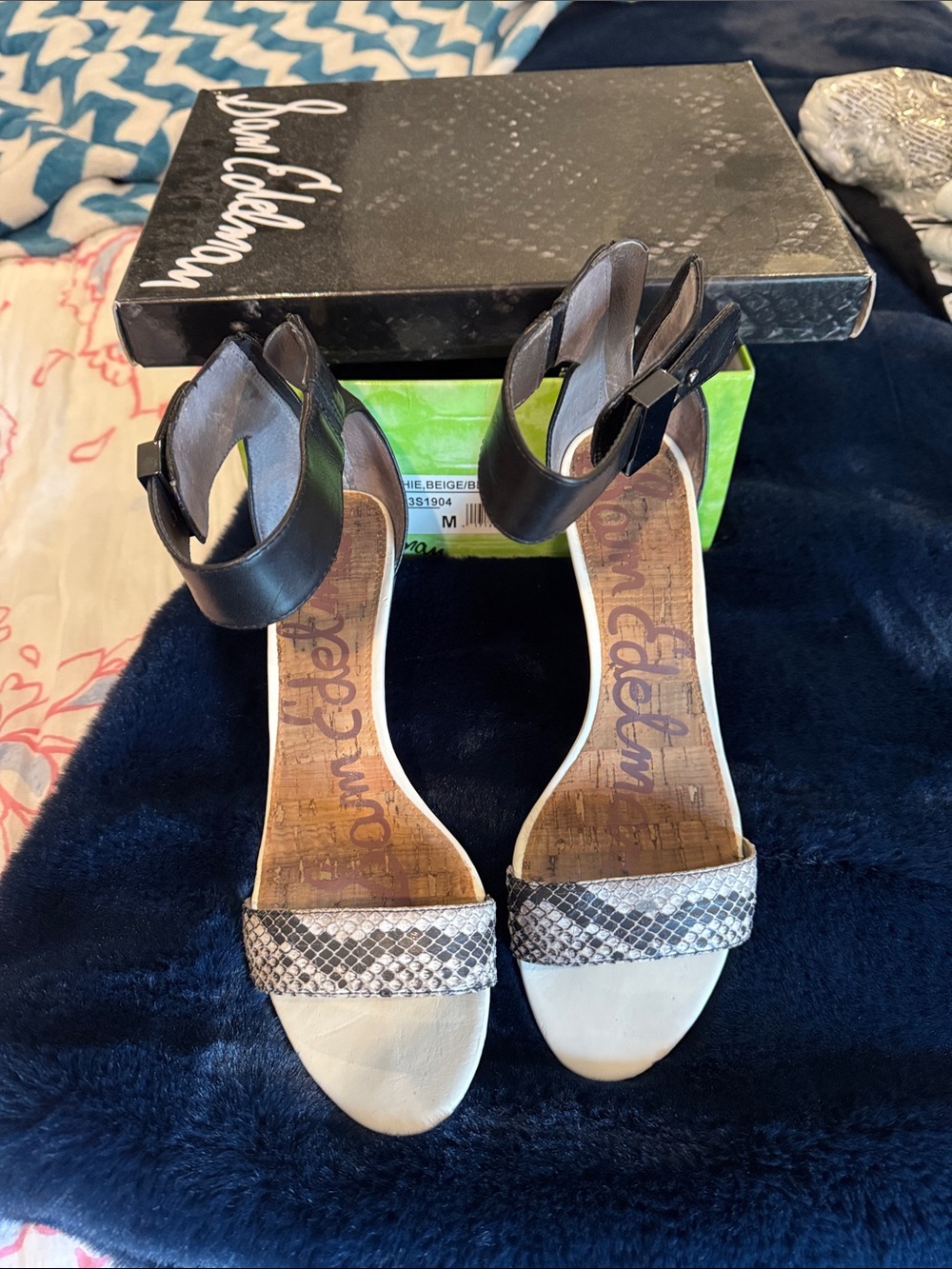 Sam Edelman Beige Toe Snake-Print & Black Ankle-Strap Heels
